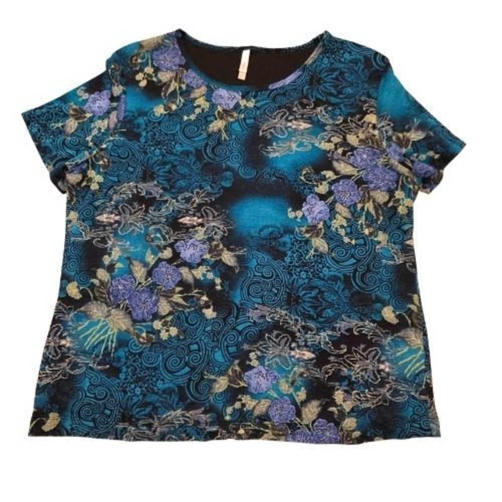 Glitter Sparkle Turquoise Black Floral Print Short Sleeve Top XL Resort Vacation